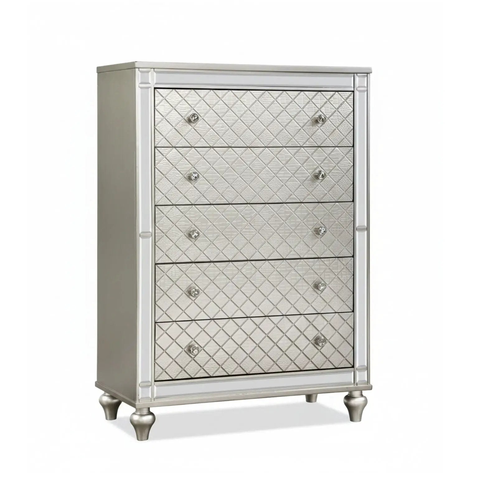 5 Drawer Bedroom Chest With Diamond Patterned Fronts - Silver by HouseOfZazla