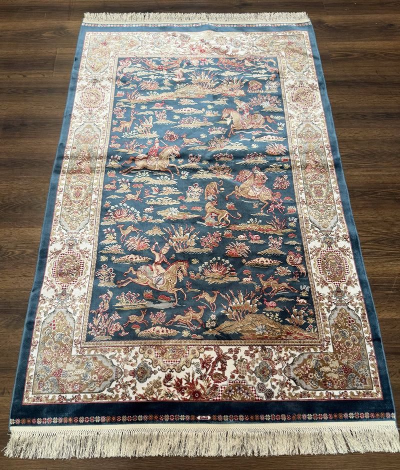 Turkish Silk Hunting Design Rug 4x6, Dark Steel Blue & Ivory, Bamboo Silk, New by Jewel Rugs