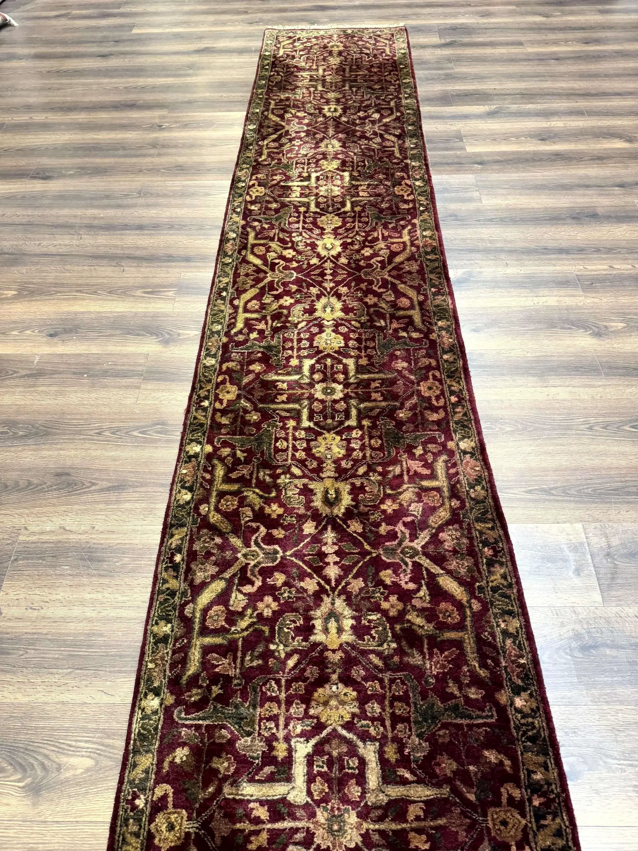 Indo Persian Runner Rug 2.7 x 13.8, Maroon, Wool, Handmade Indian Rug for Hallway by Jewel Rugs