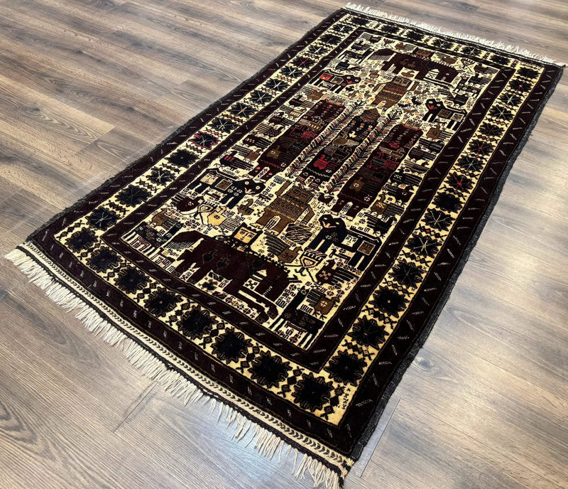 Persian Baluch Tribal Rug 4x6, Human and Bird Pictorials, Vintage, Wool, Collectible by Jewel Rugs