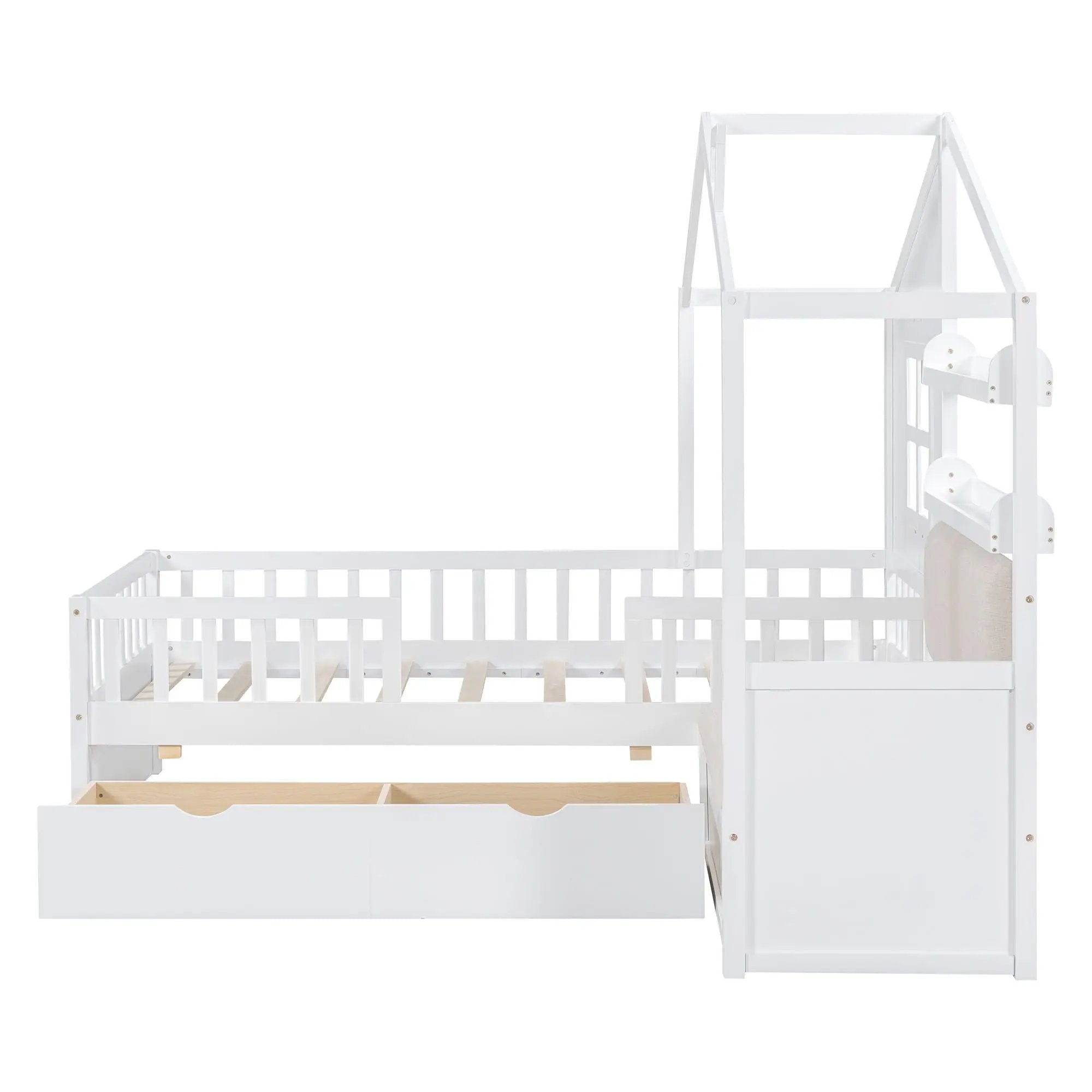 House Bed With Sofa, Kids Platform Bed With 2 Drawers And Storage Shelf by Unique Piece Furniture