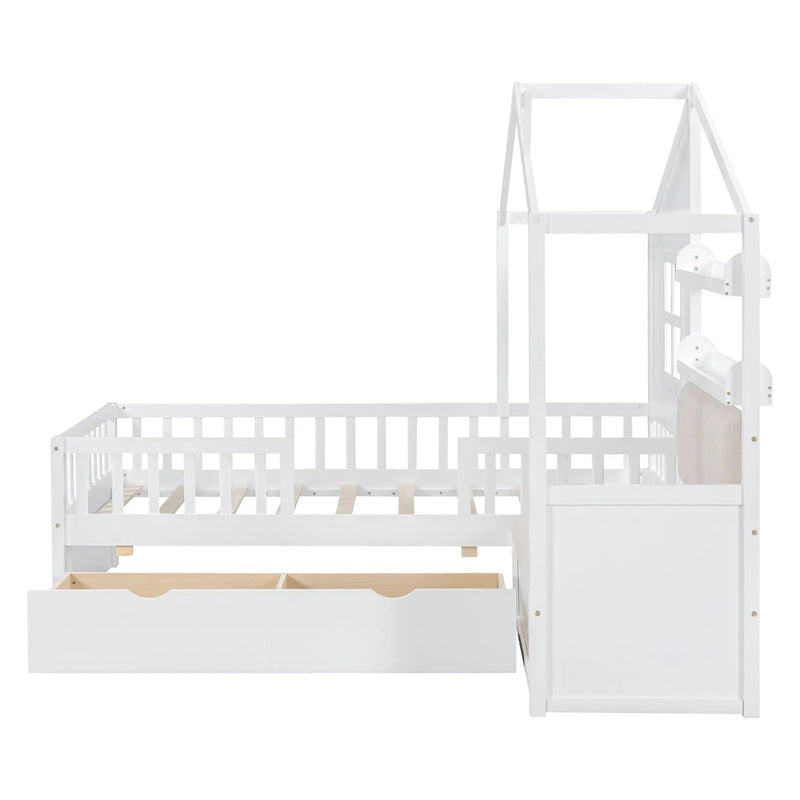 House Bed With Sofa, Kids Platform Bed With 2 Drawers And Storage Shelf by Unique Piece Furniture