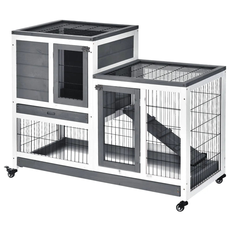 Pawhut - Wooden Rabbit Hutch Elevated Bunny Cage Indoor Small Animal Habitat With Enclosed Run With Wheels, Ramp, Removable Tray Ideal For Guinea Pigs - Gray by HouseOfZazla