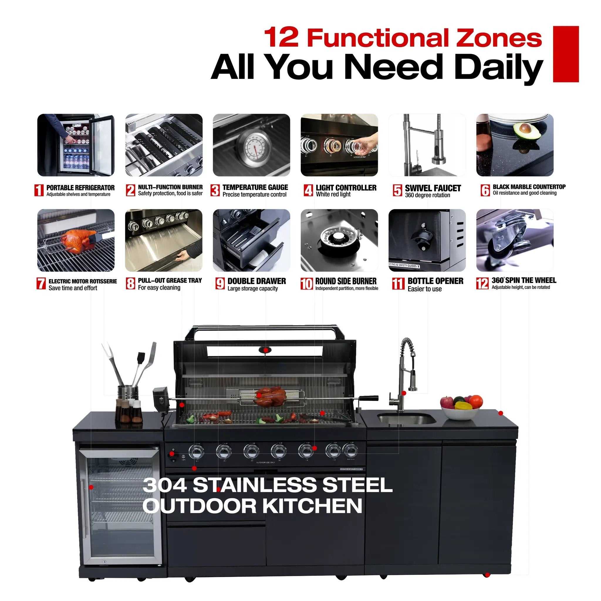 NG 95" 6-Burner 85000 BTU Black Outdoor Kitchen Island Grill Rotisserie kit Granite Countertops by Chery Industrial