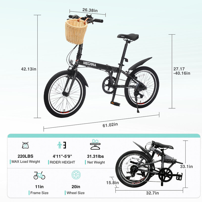 20 Inch Folding Bike for Adults with Basket and Phone Holder by HouseOfZazla