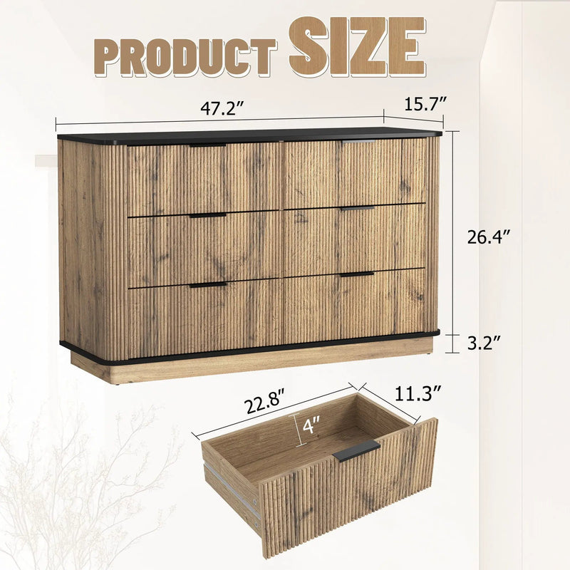 Modern 6 Drawer Cabinet With Metal Rounded Corners And Exquisite Handles Multi Functional Storage - Natural Wood by Unique Piece Furniture
