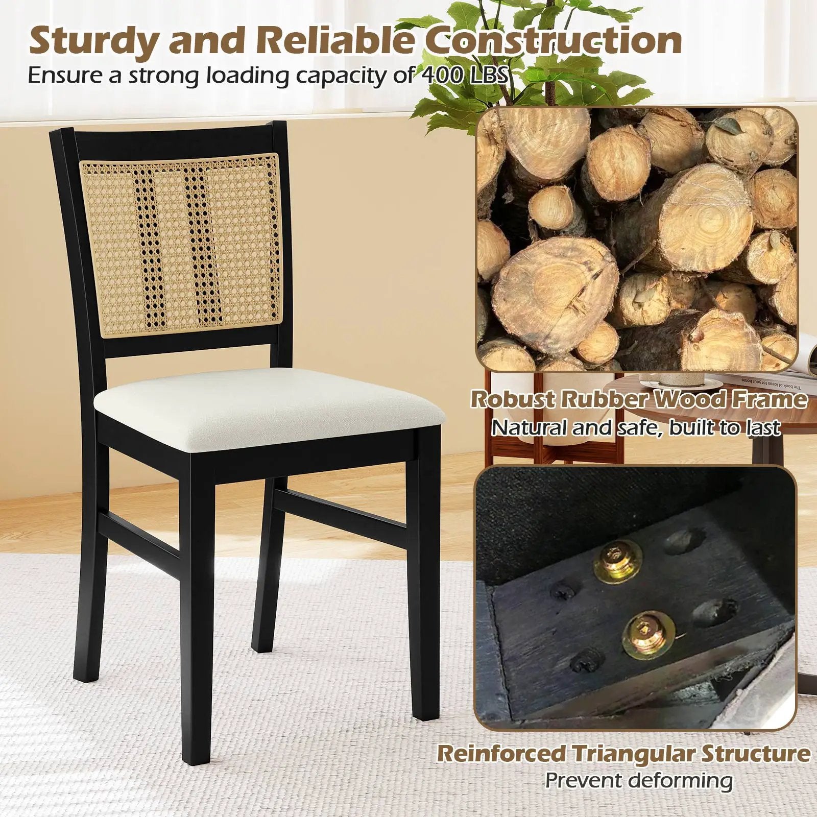 Farmhouse Rattan Dining Chair Set of 2 with Rubber Wood Legs and Cane Back-Beige by DirectDeals