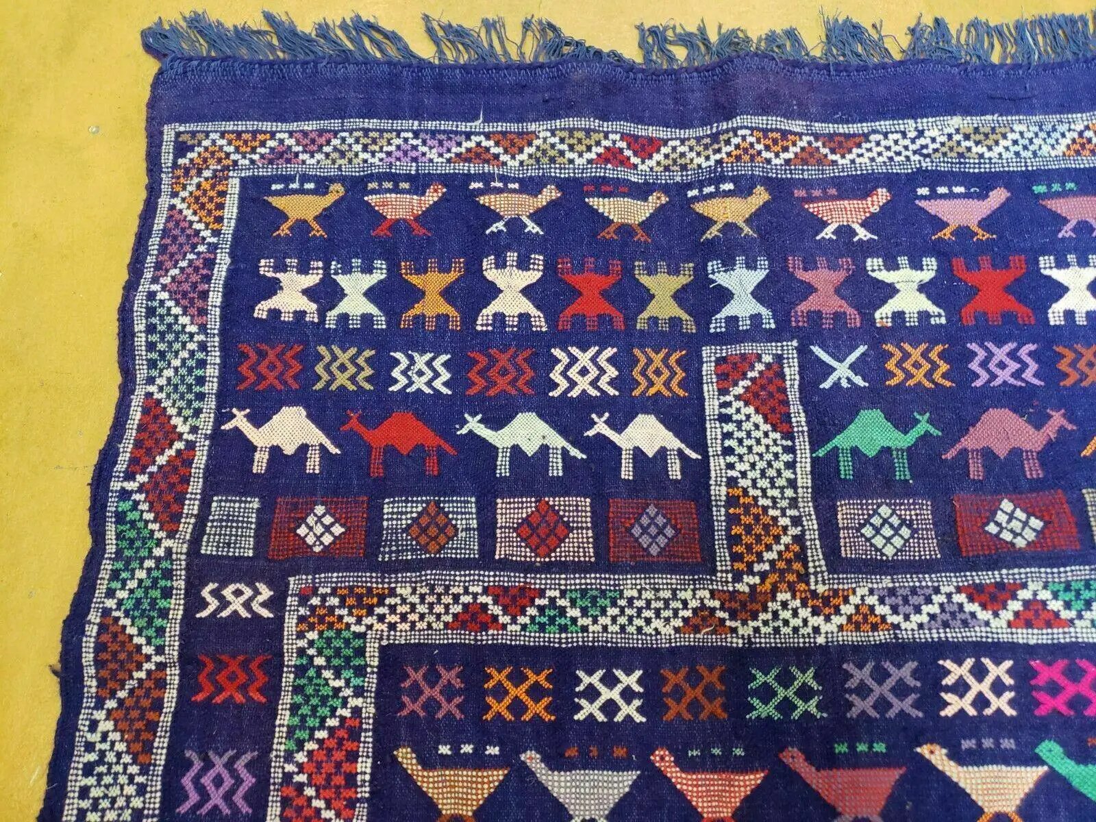 3' X 7' Vintage Handmade Indian Wool Kilim Flat weave Rug Camel Birds Blue Geometric Short Runner by Jewel Rugs