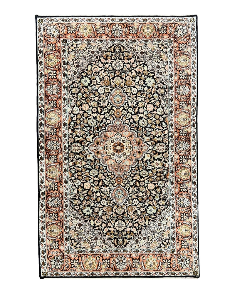Silk Indian Kashmiri Rug 3x5, Indo Persian Silk on Silk Carpet, Very Fine 350 KPSI, Navy Blue, Handmade, Floral Medallion by Jewel Rugs