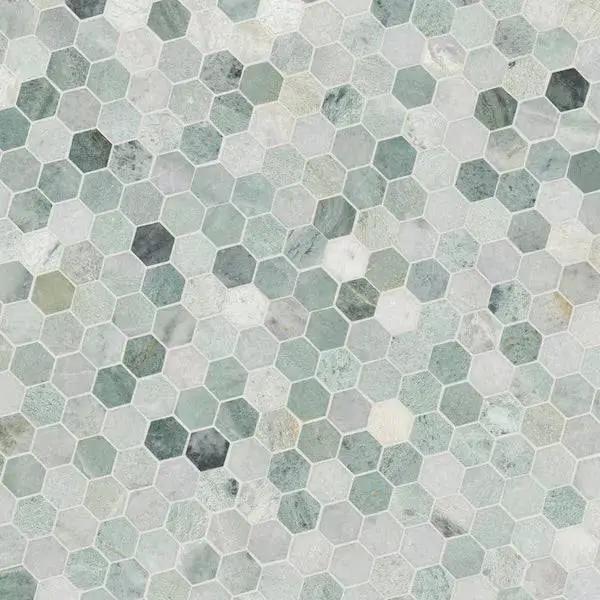 Open Box MSI Icelandic Green 2 in. Hexagon 12 in. x 12 in. x 0.38 in. Polished Marble Mesh-Mounted Mosaic Tile (9.8 sq. ft./case) by Selzalot