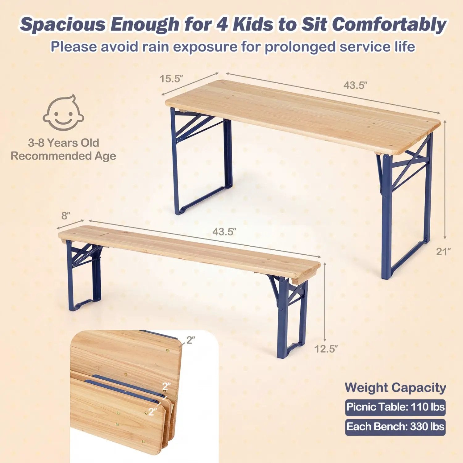 43.5 Inch Folding Kids Picnic Table & Bench Set No Assembly Wooden Toddler Table by DirectDeals