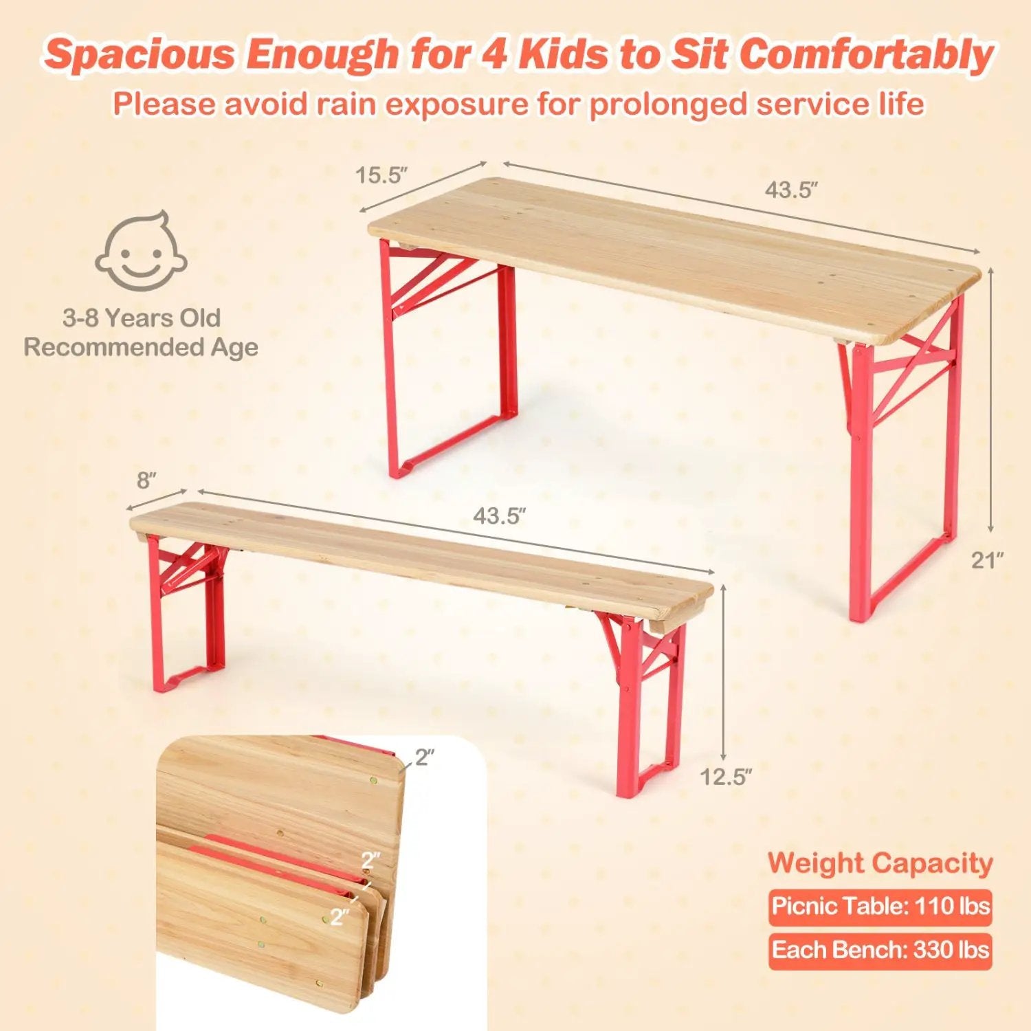 43.5 Inch Folding Kids Picnic Table & Bench Set No Assembly Wooden Toddler Table by DirectDeals