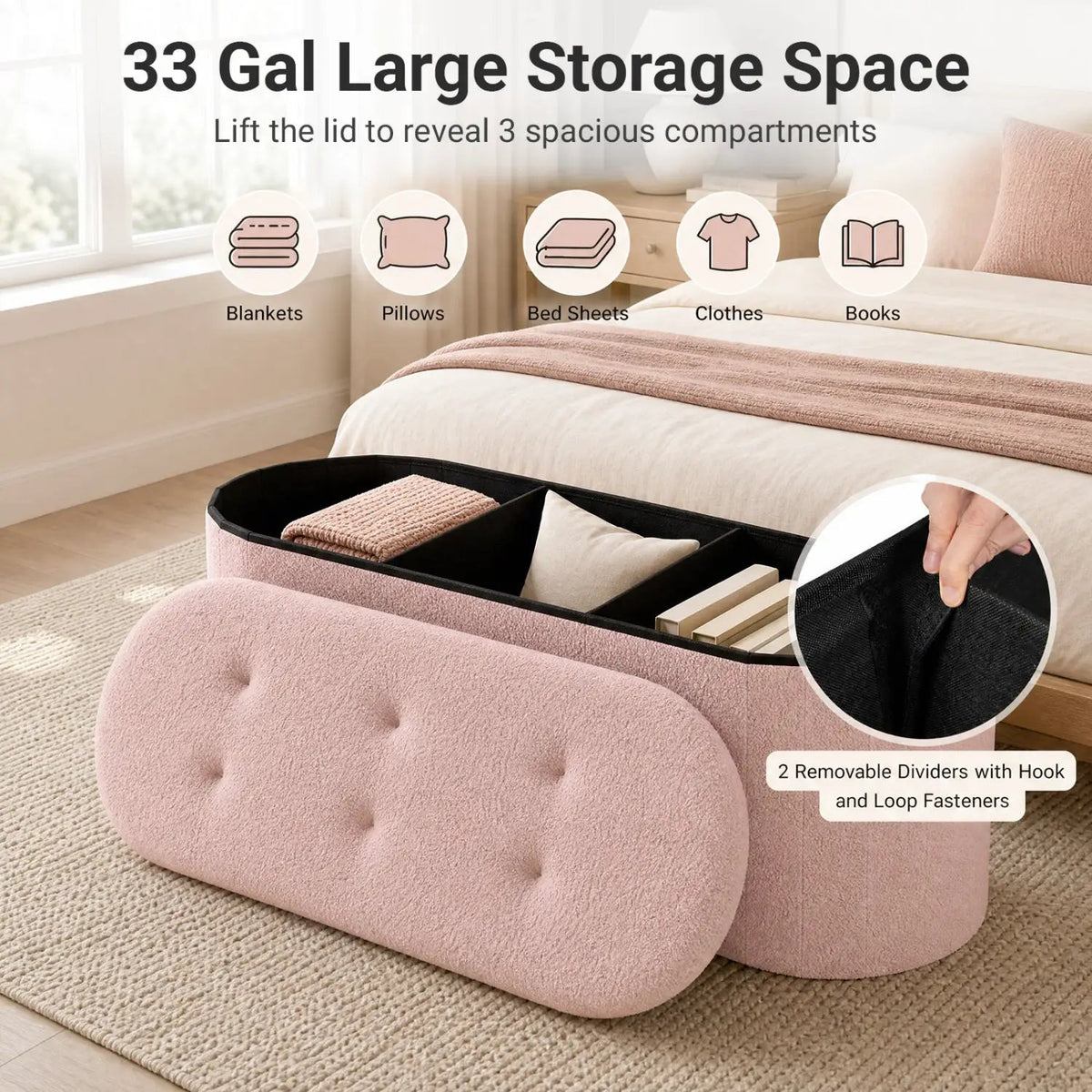 43" Folding Storage Ottoman Bench with Dividers - Teddy Fleece by DirectDeals