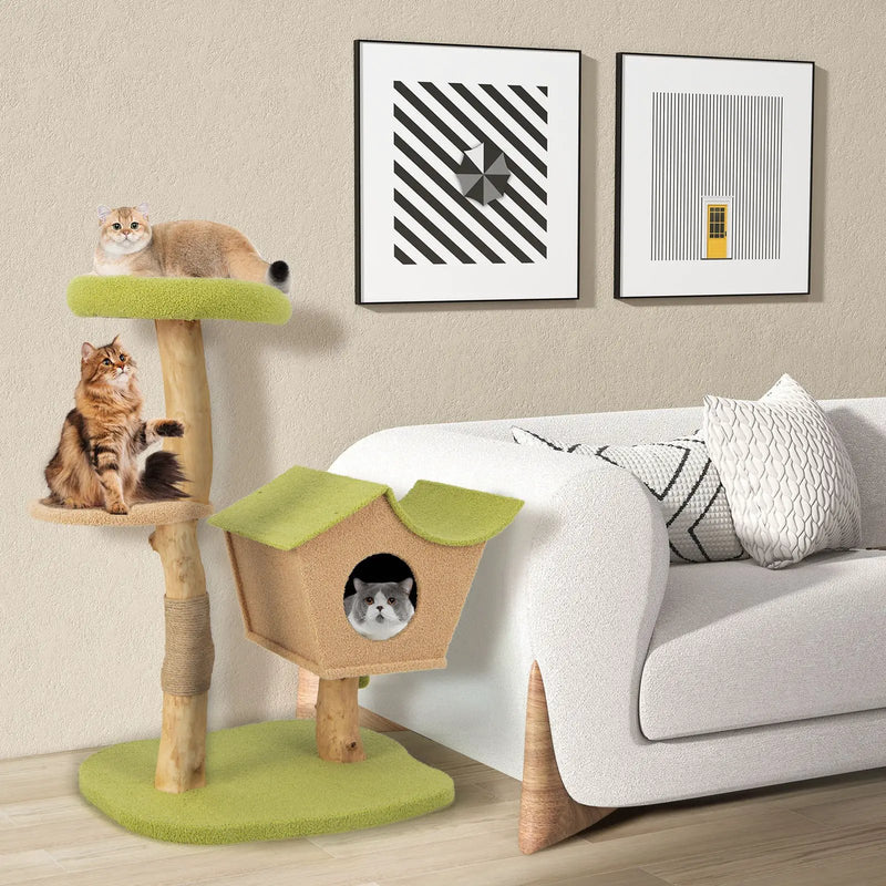 43 Inch Wooden Cat Tree with Padded Top Perch-Green by DirectDeals