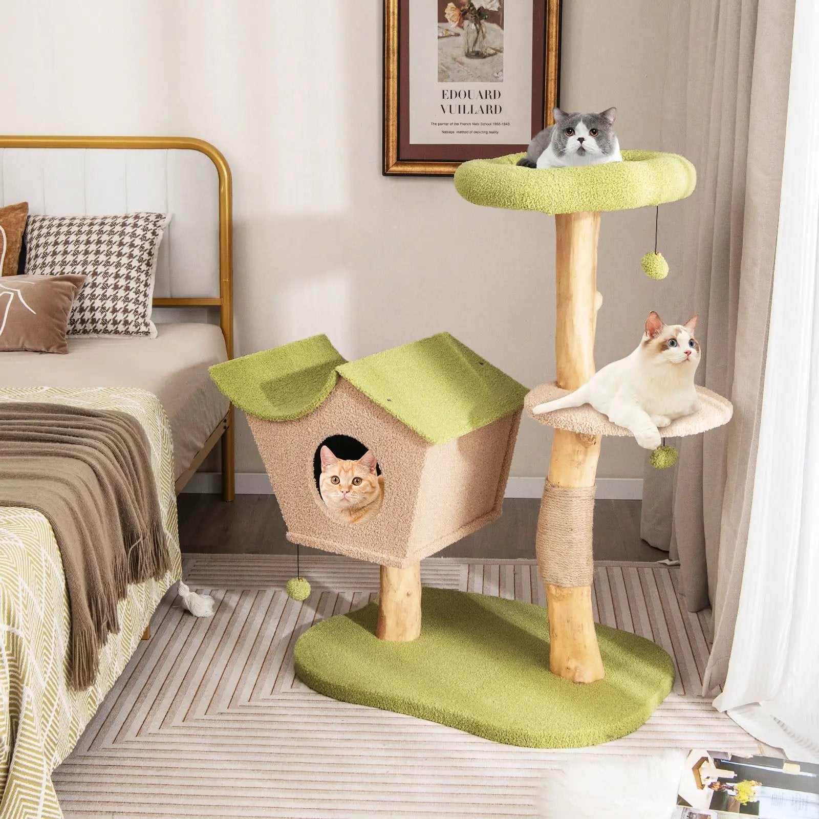 43 Inch Wooden Cat Tree with Padded Top Perch-Green by DirectDeals