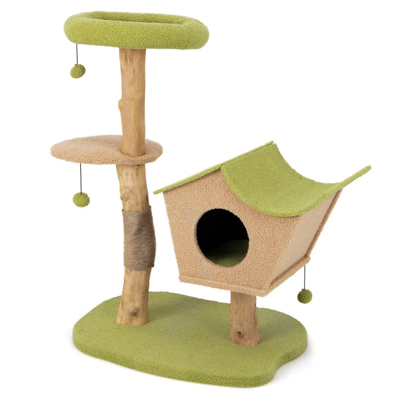 43 Inch Wooden Cat Tree with Padded Top Perch-Green by DirectDeals