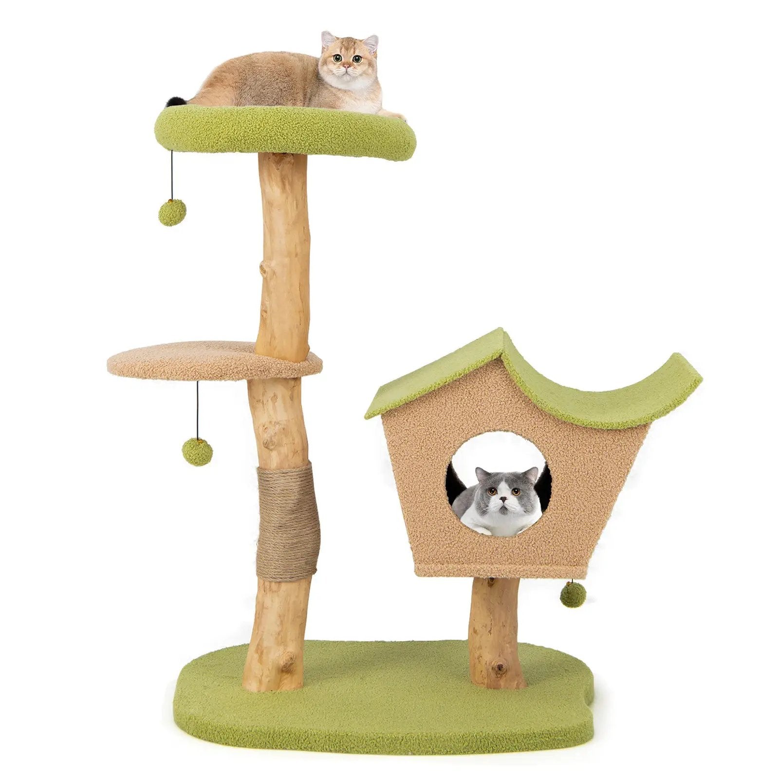 43 Inch Wooden Cat Tree with Padded Top Perch-Green by DirectDeals