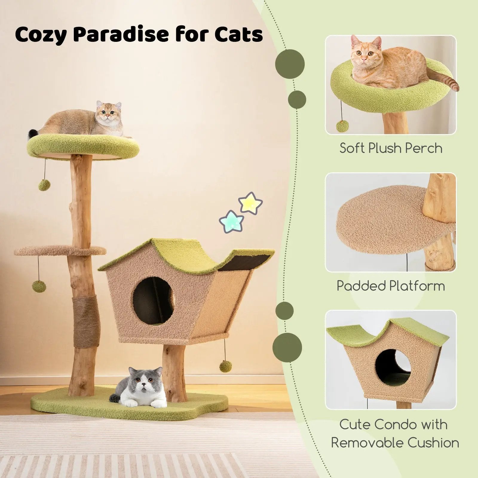 43 Inch Wooden Cat Tree with Padded Top Perch-Green by DirectDeals