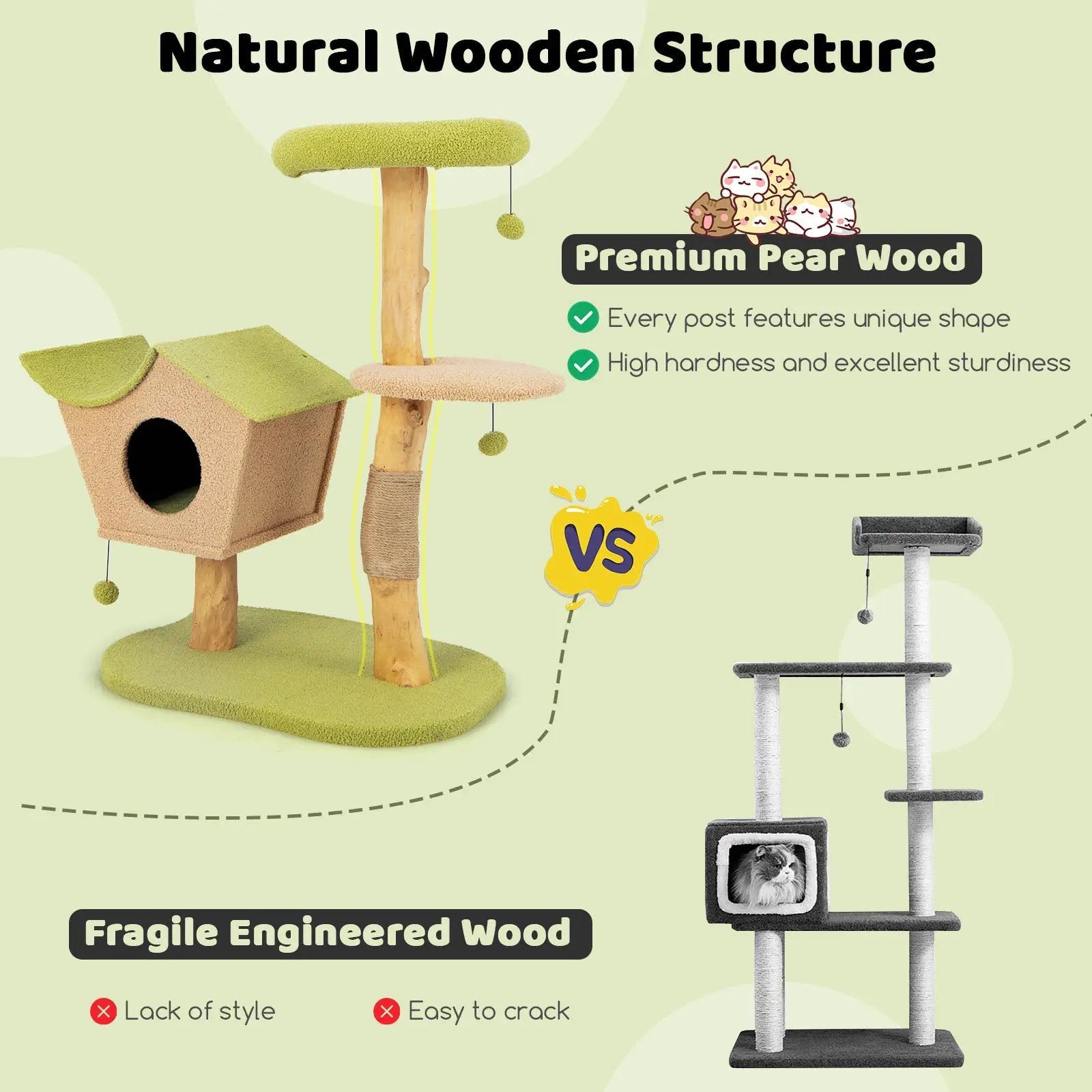43 Inch Wooden Cat Tree with Padded Top Perch-Green by DirectDeals
