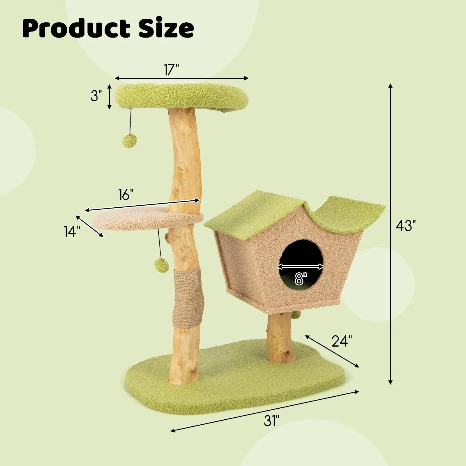 43 Inch Wooden Cat Tree with Padded Top Perch-Green by DirectDeals