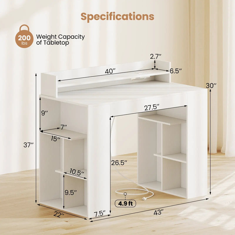 43 Inch Computer Desk with Power Outlets and 2 Bookcases-White by DirectDeals