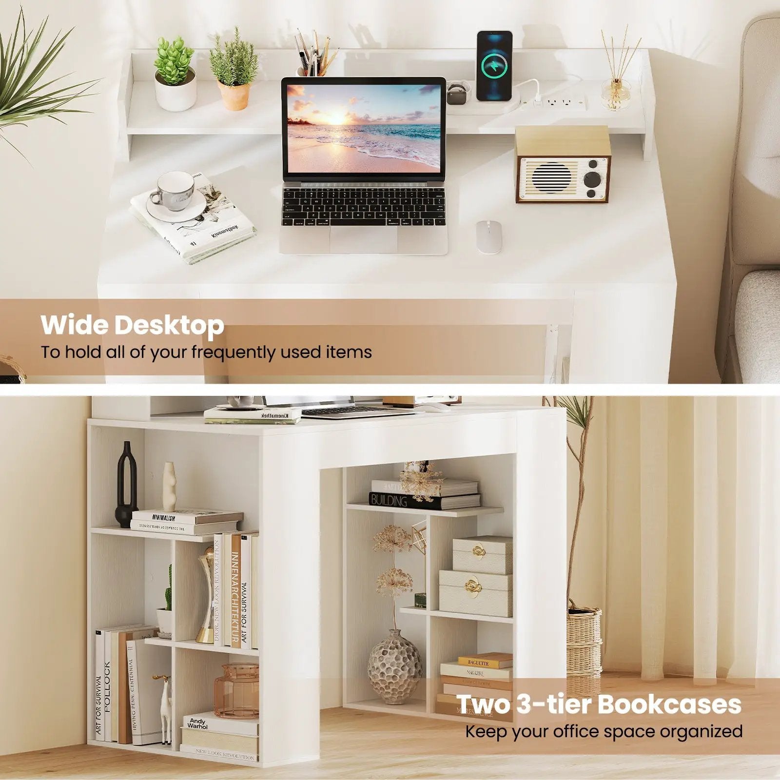 43 Inch Computer Desk with Power Outlets and 2 Bookcases-White by DirectDeals
