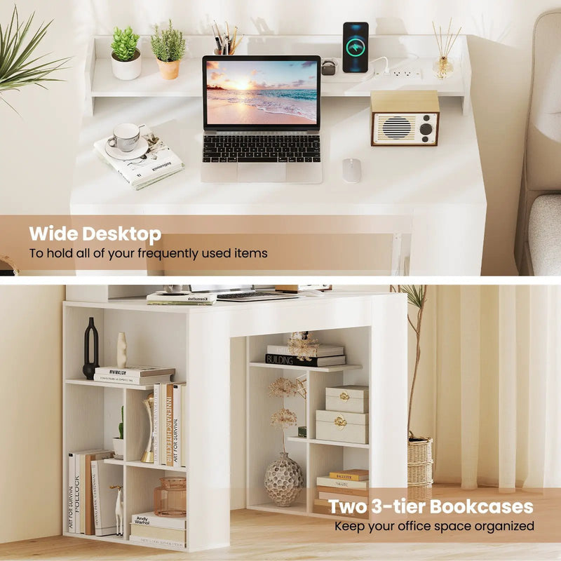 43 Inch Computer Desk with Power Outlets and 2 Bookcases-White by DirectDeals
