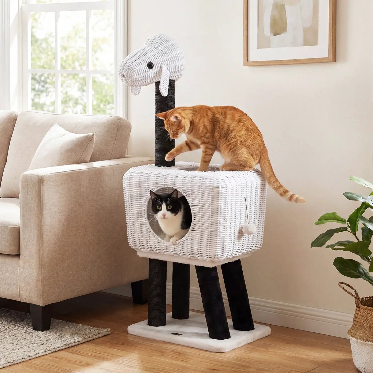 43-Inch Lamb-Shaped Cat Tower with 2-Door Rattan Condo for Indoor Kittens by DirectDeals