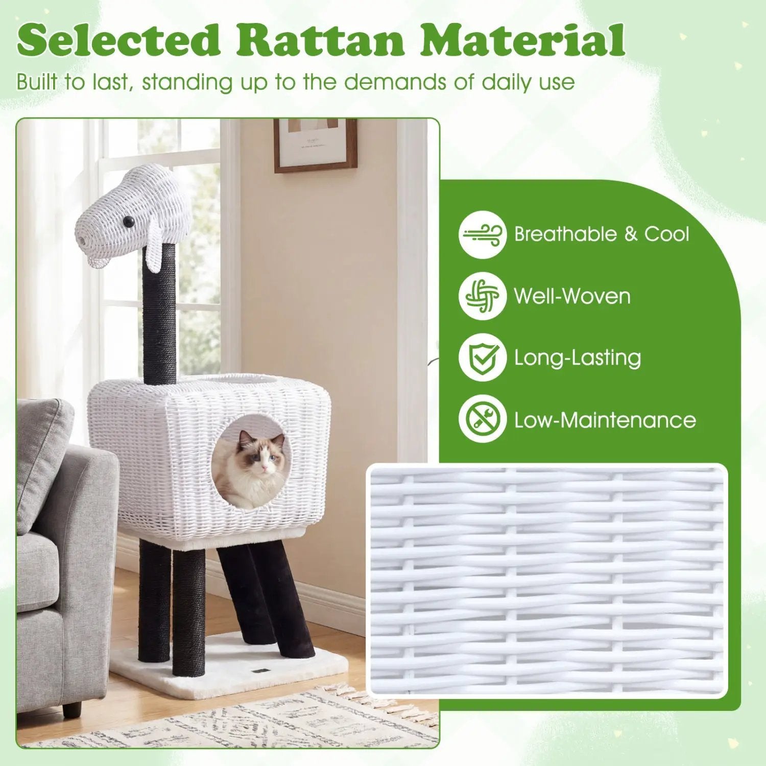 43-Inch Lamb-Shaped Cat Tower with 2-Door Rattan Condo for Indoor Kittens by DirectDeals