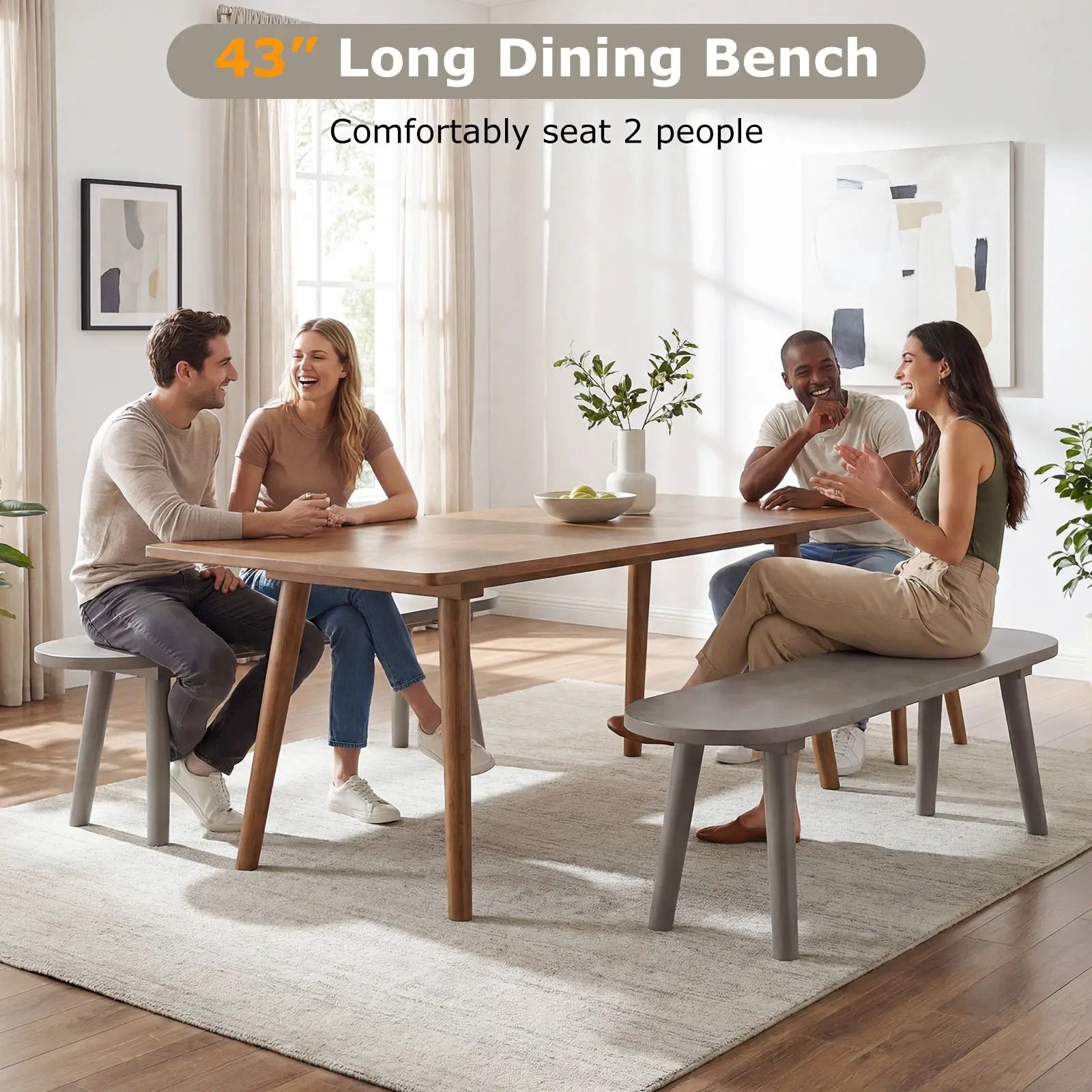 43 Inch Solid Wood Farmhouse Dining Bench Rustic Wooden Entryway Bench with Rubber Wood Legs-Gray by DirectDeals