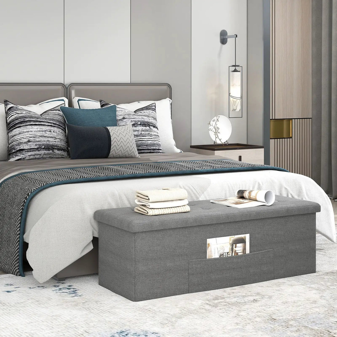 43 Inches Folding Storage Ottoman Bench Linen End of Bed Bench with Padded Seat by DirectDeals