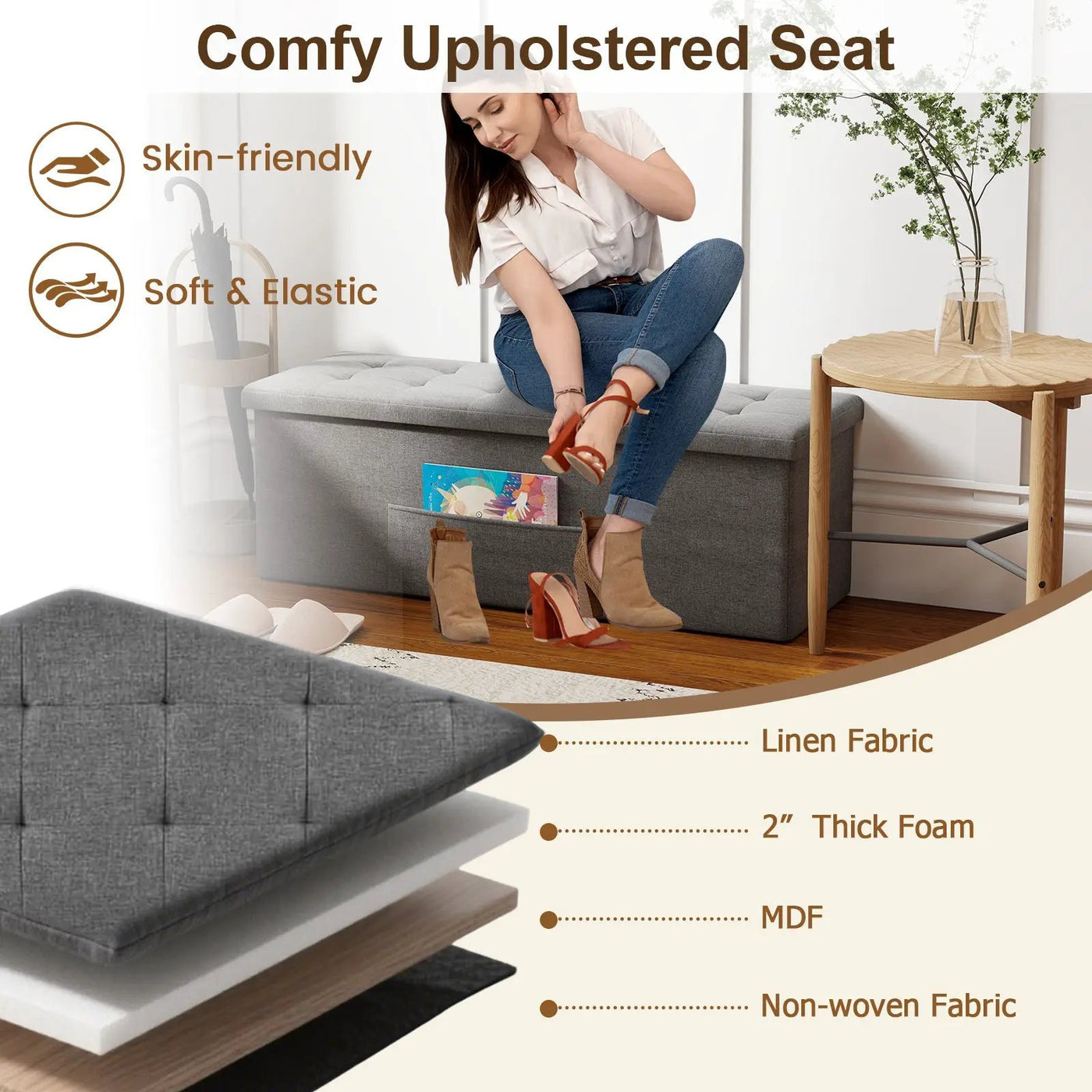 43 Inches Folding Storage Ottoman Bench Linen End of Bed Bench with Padded Seat by DirectDeals