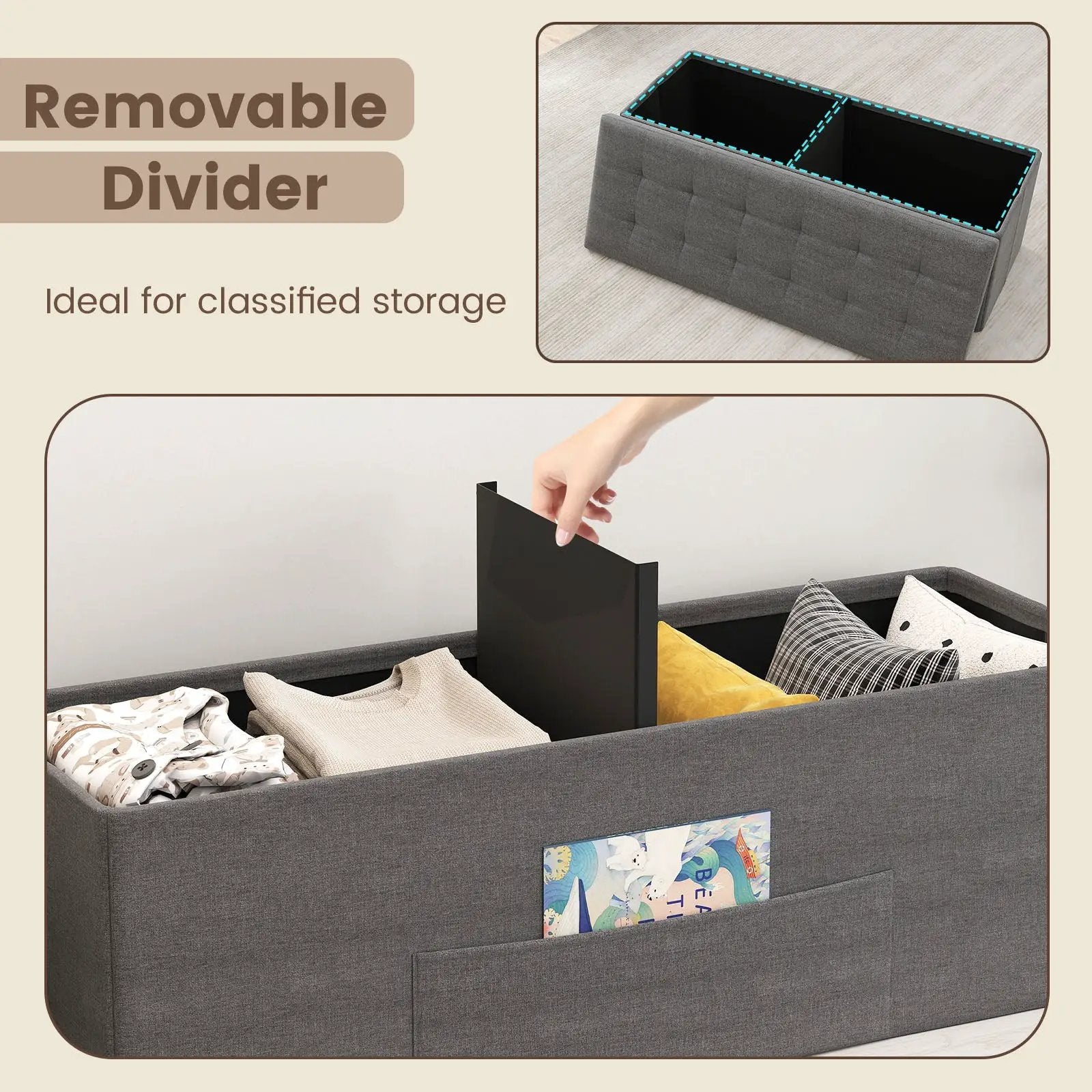 43 Inches Folding Storage Ottoman Bench Linen End of Bed Bench with Padded Seat by DirectDeals