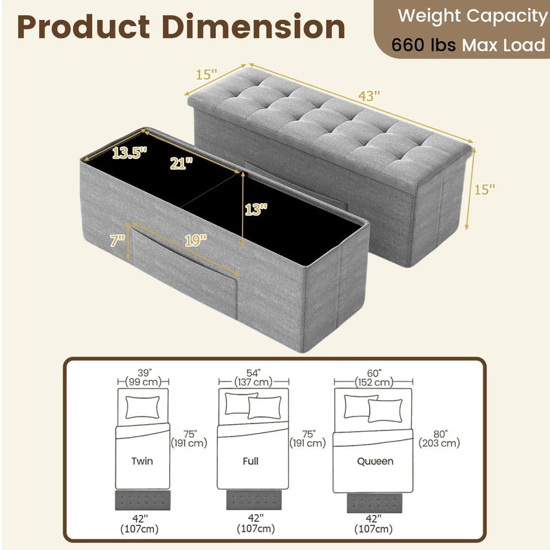 43 Inches Folding Storage Ottoman Bench Linen End of Bed Bench with Padded Seat by DirectDeals