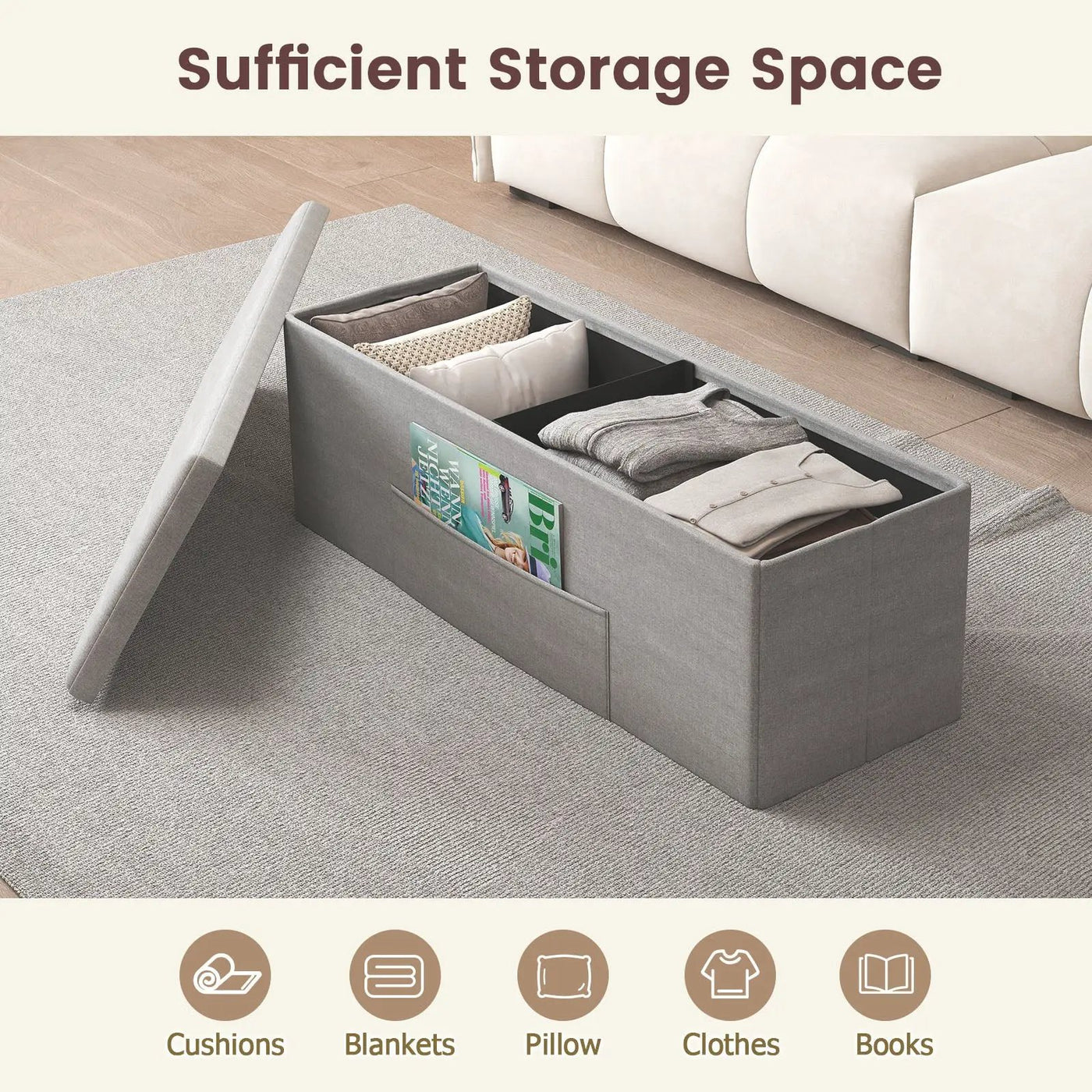 43 Inches Folding Storage Ottoman Bench Linen End of Bed Bench with Padded Seat by DirectDeals