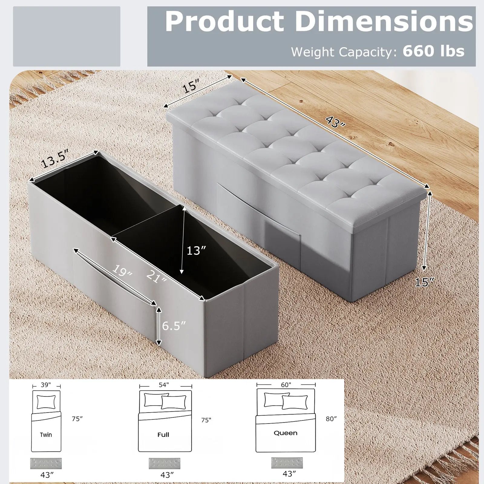 43 Inches Folding Storage Ottoman Bench Foot Rest Stool End of Bed Bench by DirectDeals