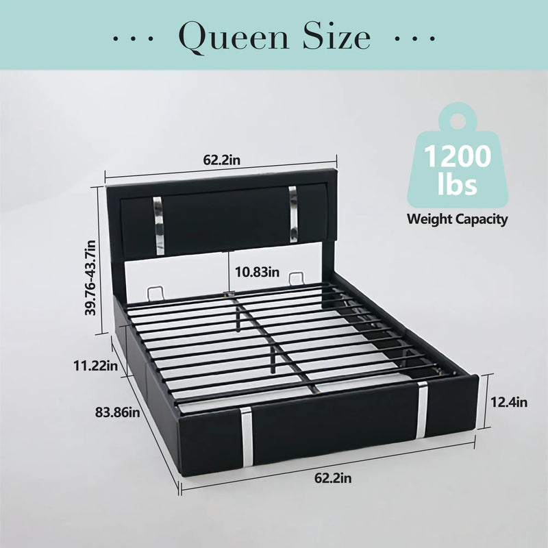 Upholstered Platform Bed Frame With Adjustable LED Headboard, USB C-Charging, Hydraulic Lift by HouseOfZazla