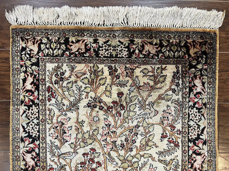 Silk Tree of Life Persian Qum Rug 3x4, Hand Knotted Vintage Carpet, Cream & Black, Very Fine Oriental Rug, Animal Pictorials, Birds by Jewel Rugs