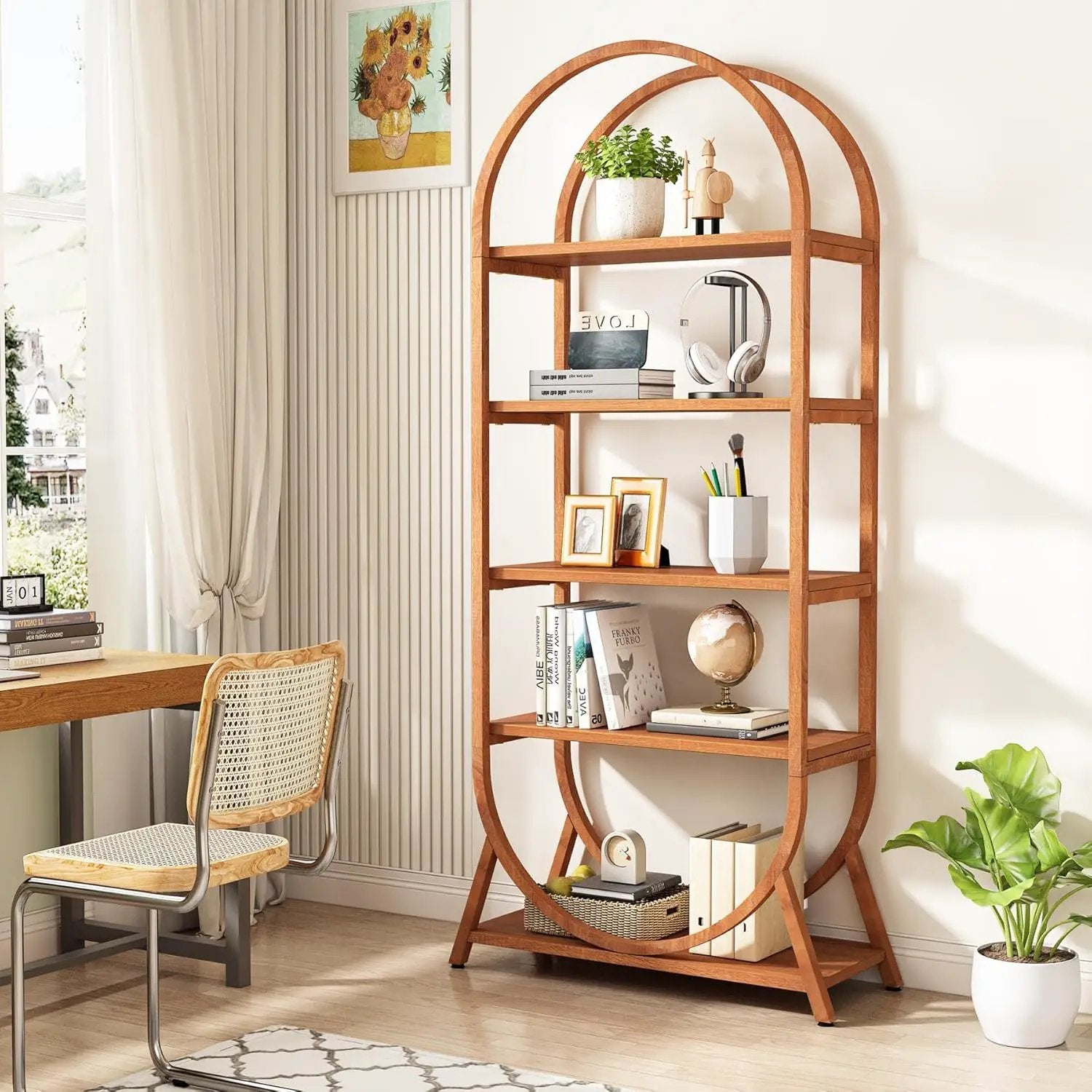 Arched 5 Tier Open Bookshelf For Office - Brown