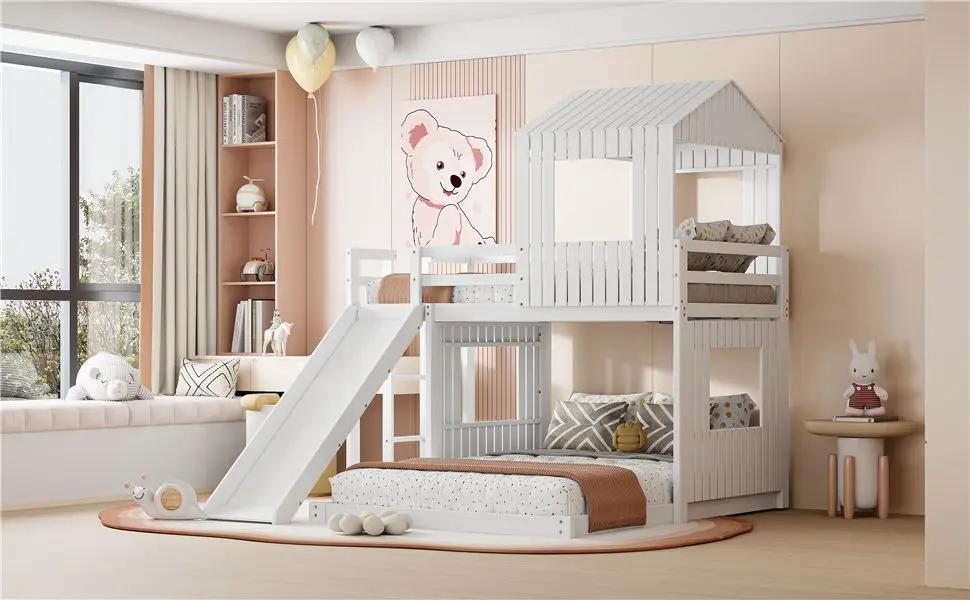 Loft Bunk Bed With Playhouse, Farmhouse, Ladder, Slide And Guardrails by HouseOfZazla