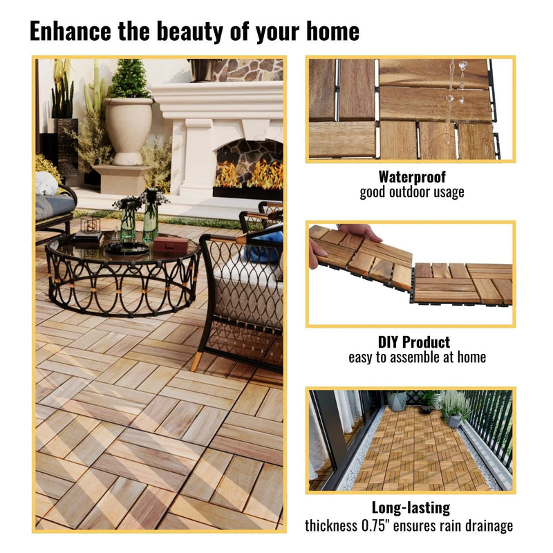 Interlocking Deck Tiles Checker Pattern, Square Acacia Hardwood Outdoor Flooring For Patio, Bancony, Pool Side by HouseOfZazla