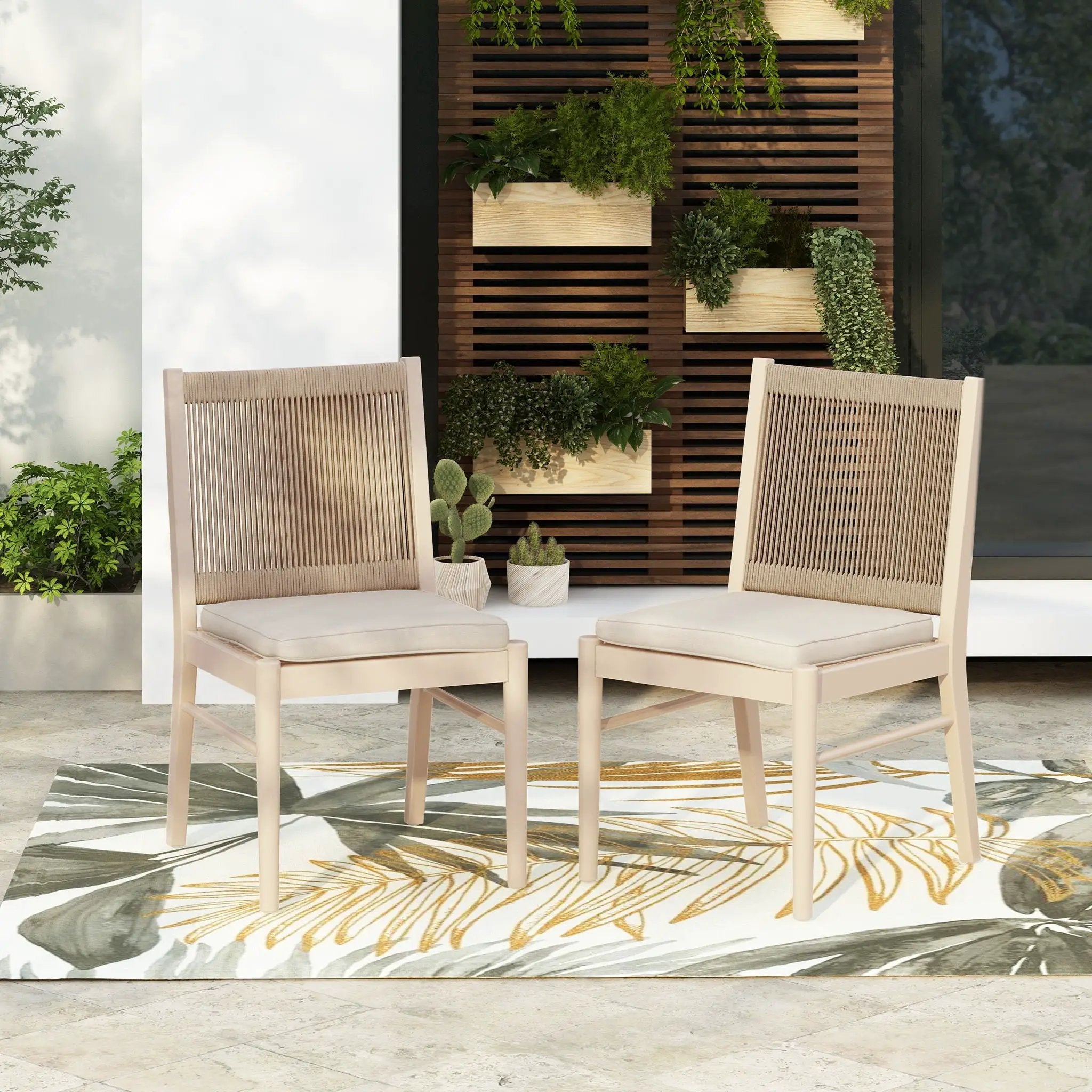 Cordoba - Dining Chair (Set of 2) With Acacia Wood Frame And Water Repellent Fabric - Beige / Yellow by HouseOfZazla