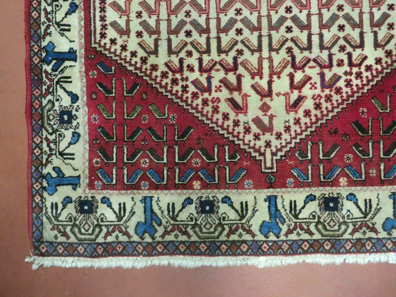 3' X 5' Vintage Handmade India Geometric Oriental Wool Rug Nice Birds Ivory Red by Jewel Rugs