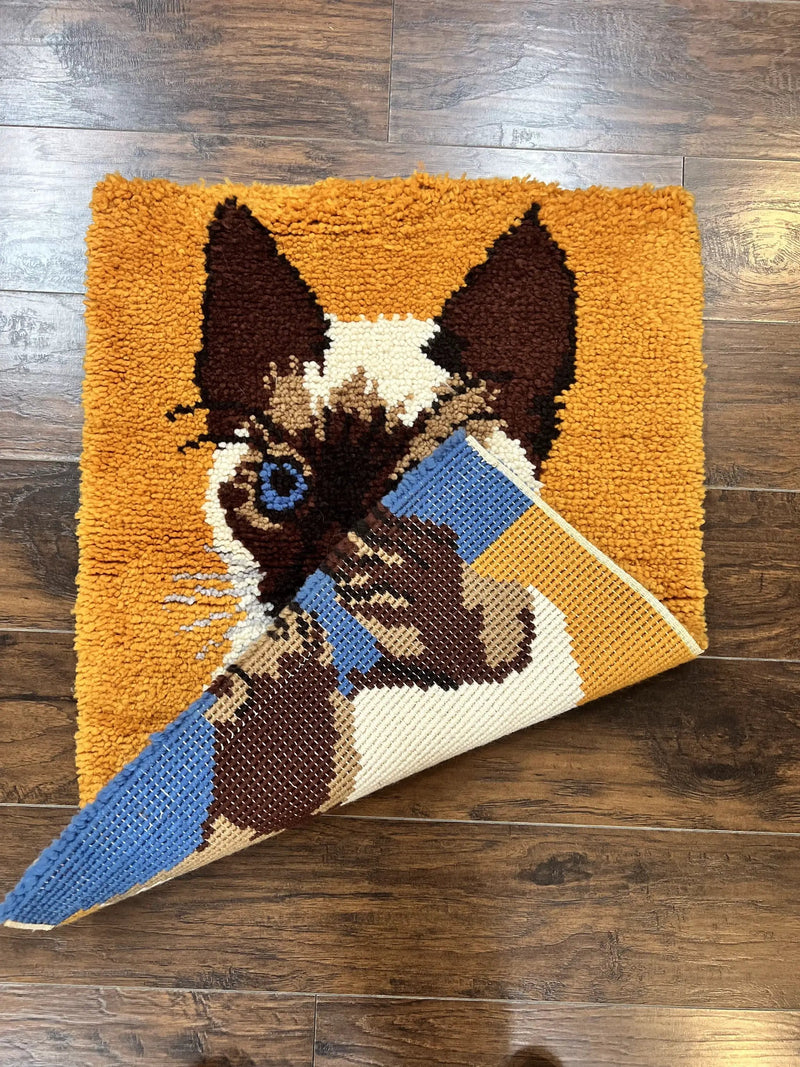 Small Shag Rug with Siamese Cat Pictorial, 2x3 ft Rug, Wool, Vintage, Danish Rya Shag Rug, Orange by Jewel Rugs