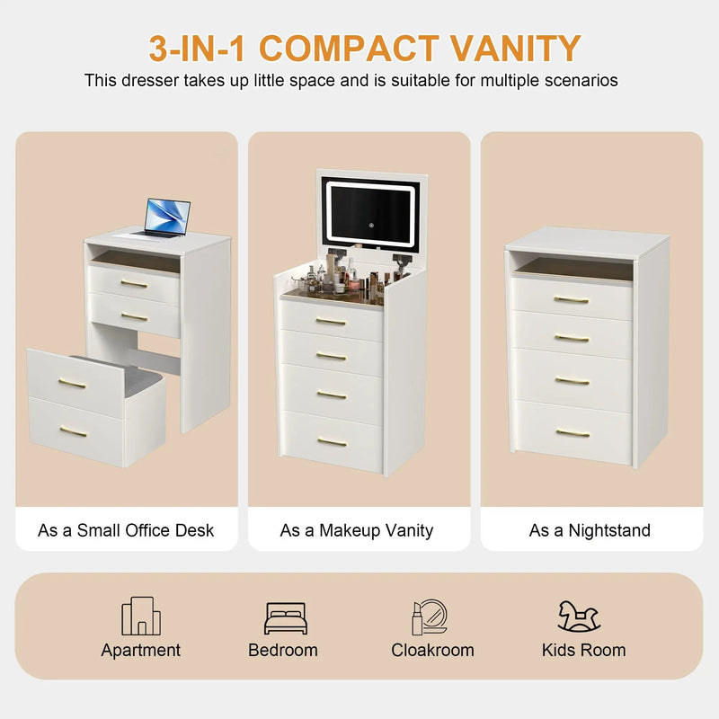 Compact 3 In 1 Vanity Desk With Open Top Mirror, Glass Desktop, 5 Height - White by HouseOfZazla