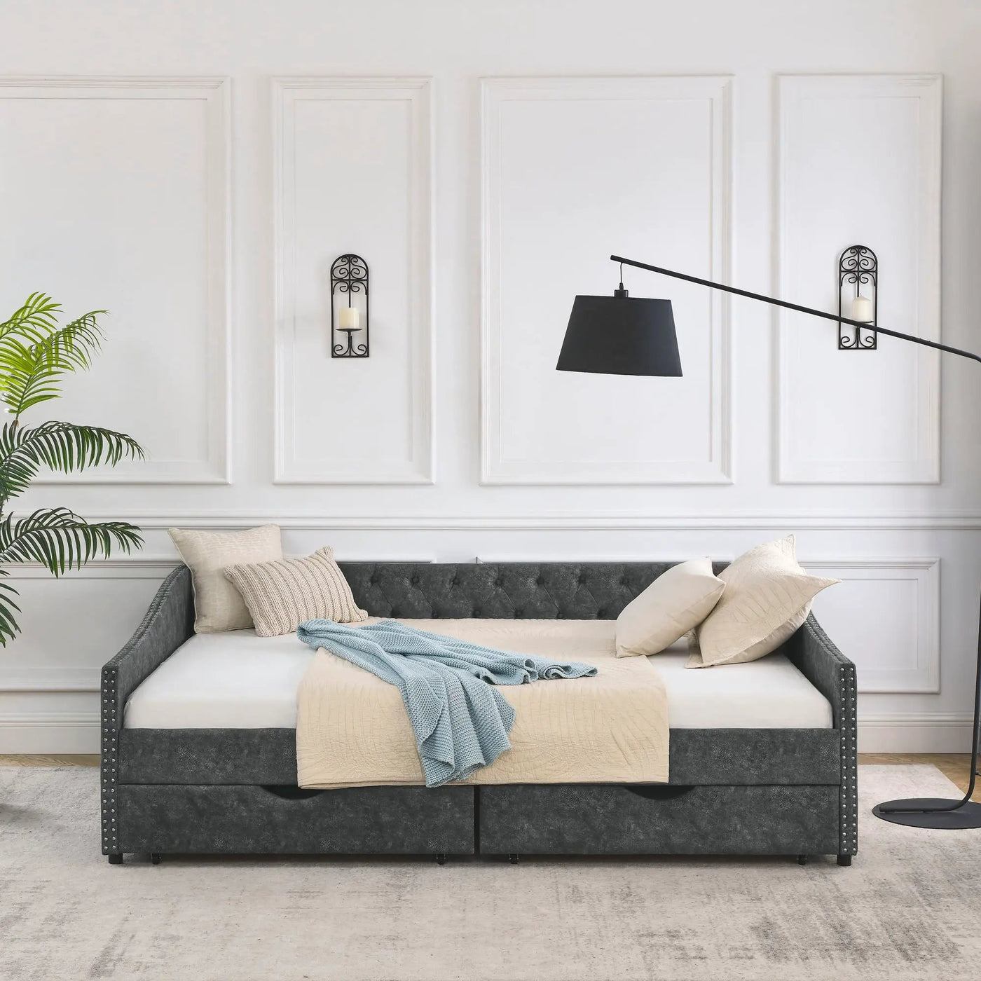 Upholstered Tufted Daybed With 2 Drawers, Waved Arms by Unique Piece Furniture
