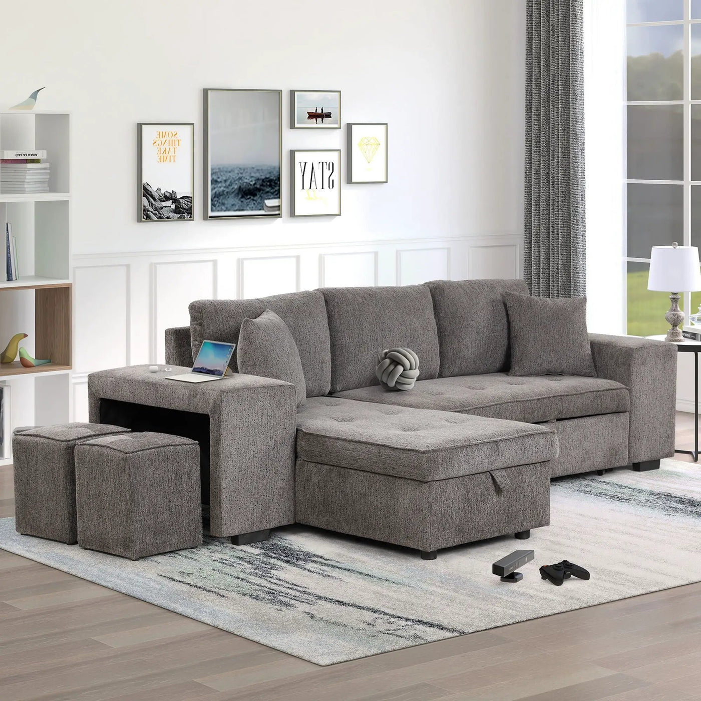 Modern L-Shape 3 Seat Reversible Sectional Couch, Pull Out Sleeper Sofa With Storage Chaise And 2 Stools For Living Room Furniture Set by HouseOfZazla