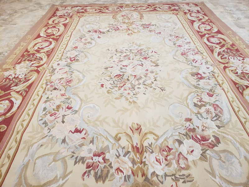 Aubusson Rug 6x9, Elegant Flatweave Rug, Aubusson Savonnerie 6 x 9 Flatweave Area Rug, Cream and Red, Wool Hand Woven Carpet, Medium Size by Jewel Rugs