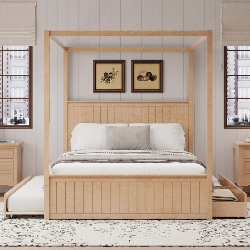 Queen Size Canopy Platform Bed With Trundle And 3 Storage Drawers, 4 Post, No Box Spring Needed - Natural by HouseOfZazla