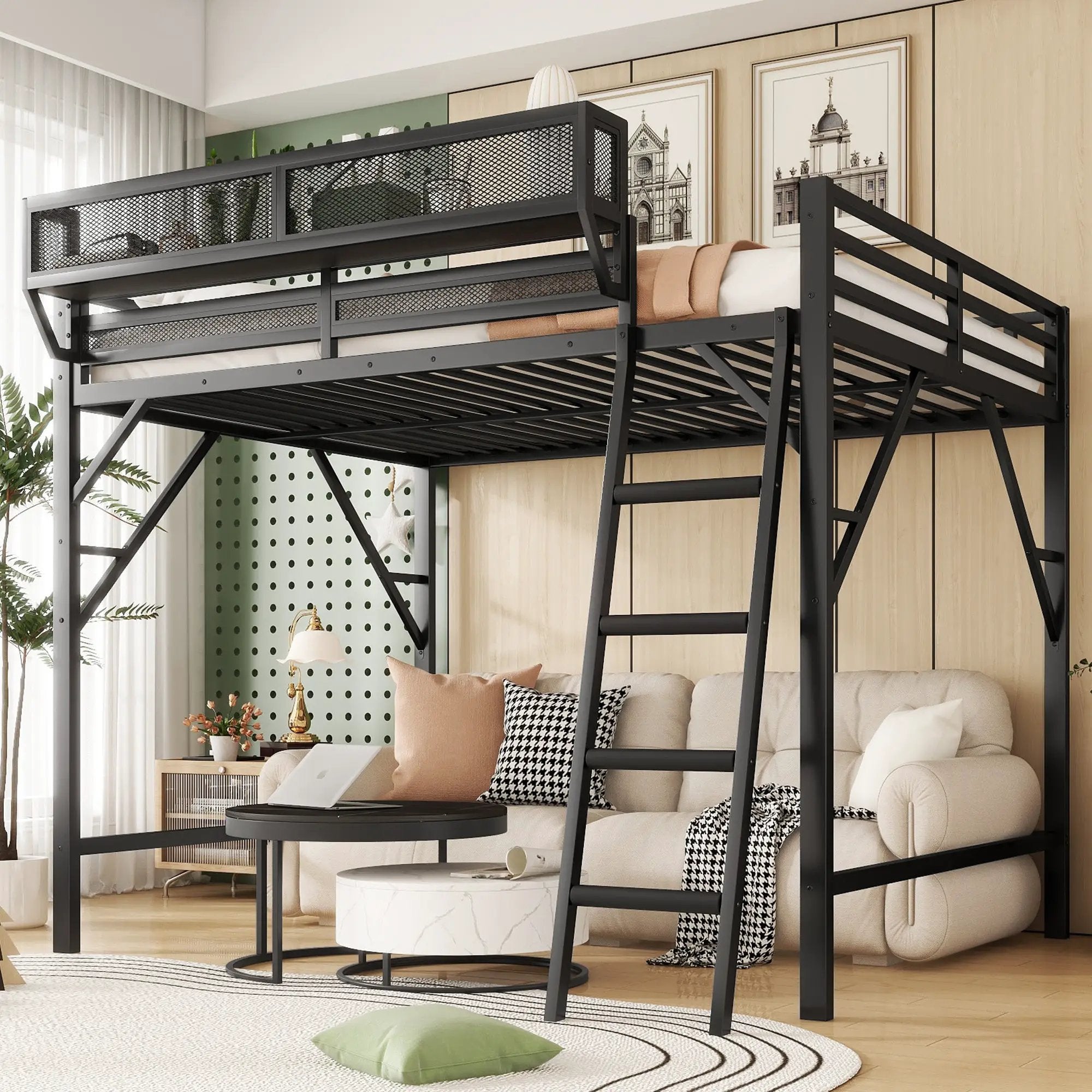 Full Size Loft Bed with Ladder and Storage Shelves by HouseOfZazla